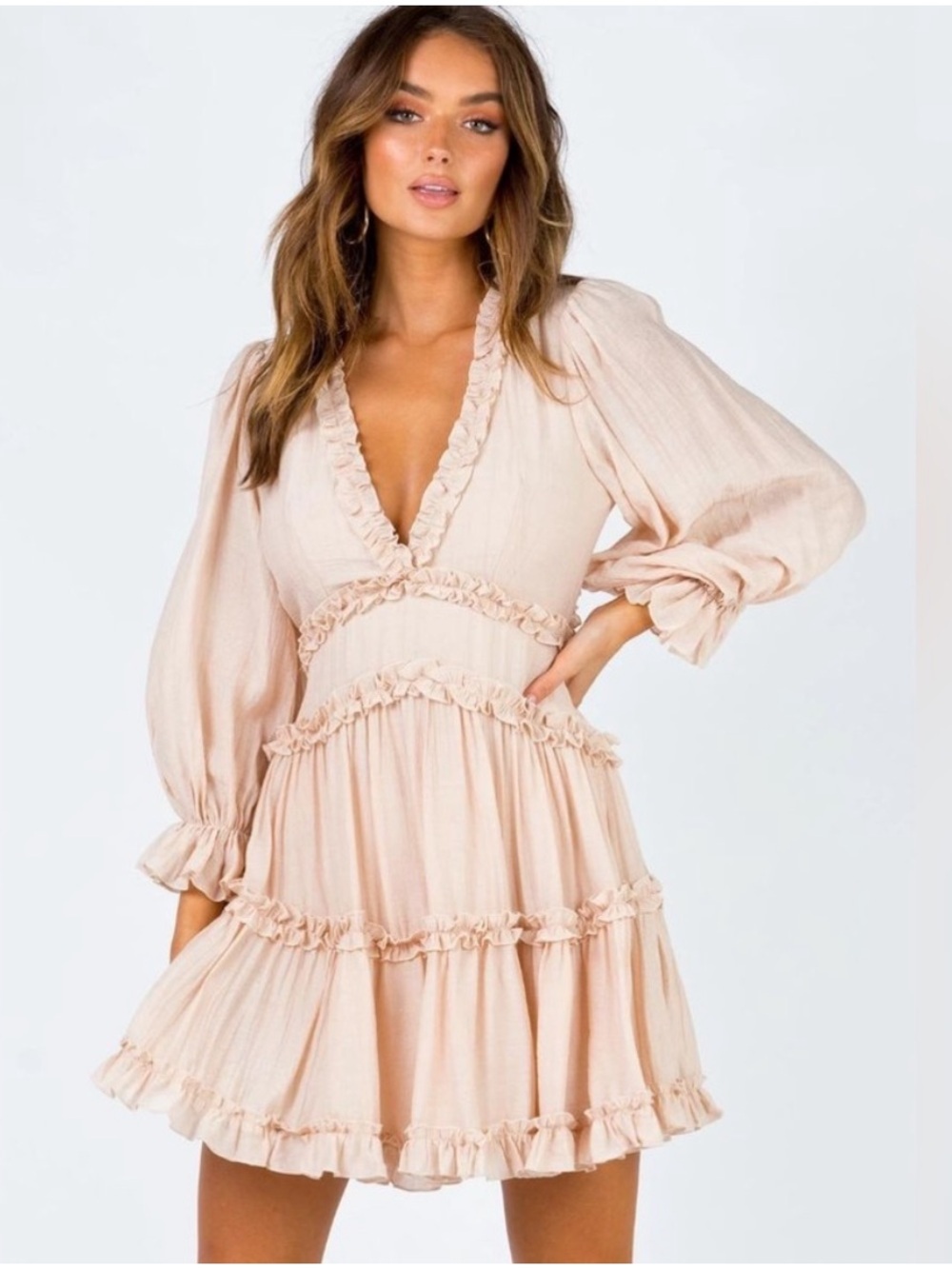 Princess Polly Women’s Melina LS Mini Dress Size 6 Blush Pink Ruffle Open Back